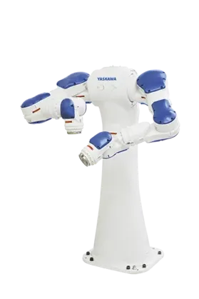 Een slanke en smalle robot met twee armen, die helpt bij montage verplaatsen van onderdelen, machinebelading en verpakking